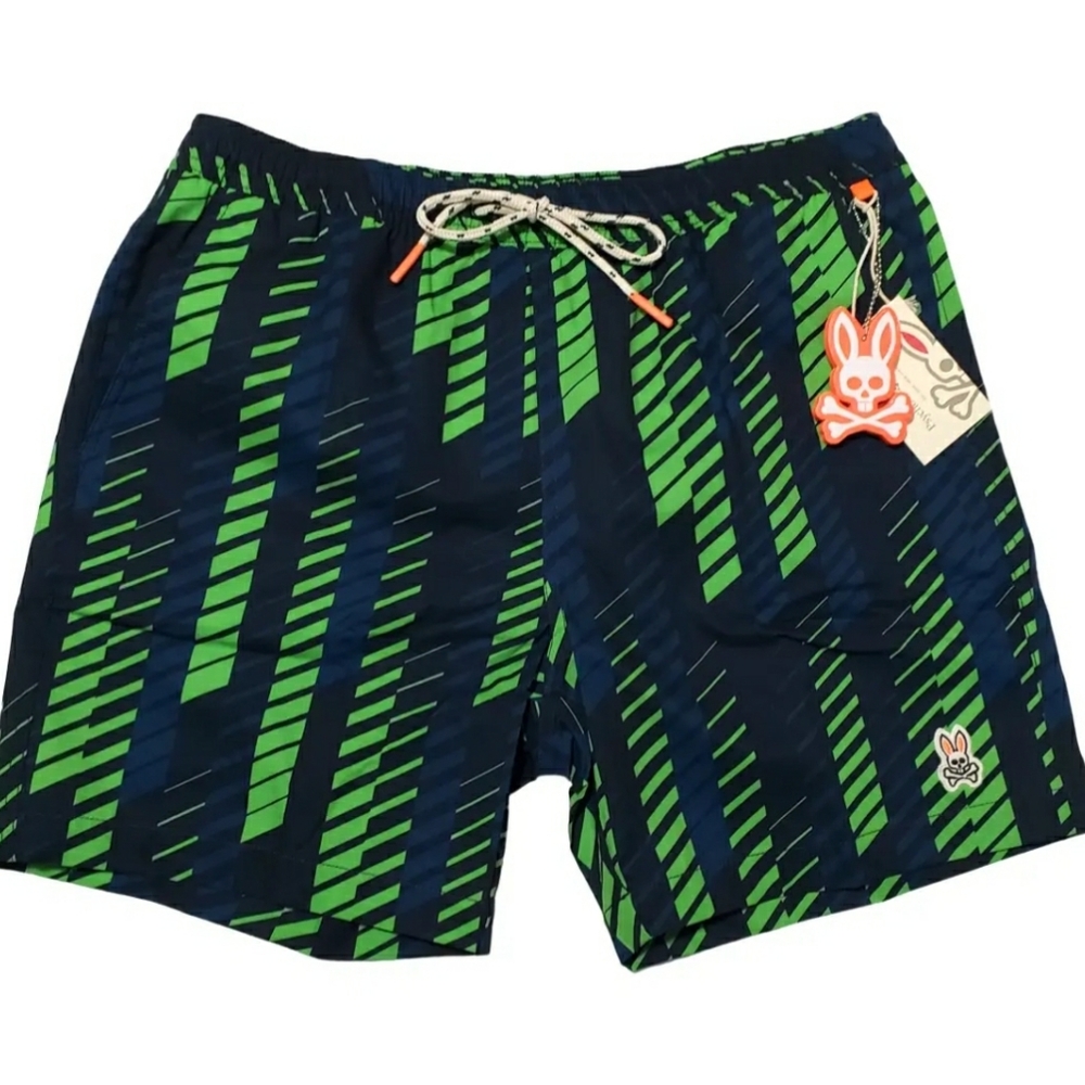 Psycho Bunny Mens Medium Black Multicolor Graphic Swim Trunks
